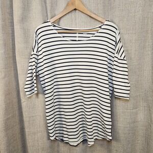 Lands' End Pullover Blouse Women's XL White/Blue Striped 1/2 Sleeve Round Neck